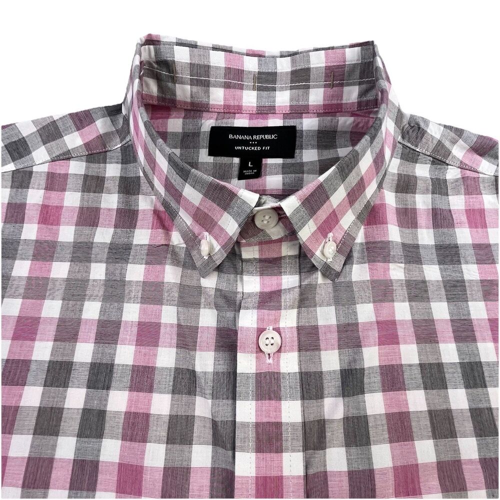 Banana Republic Shirt Mens Large Gray Pink Check Untucked Fit Button Down Cotton